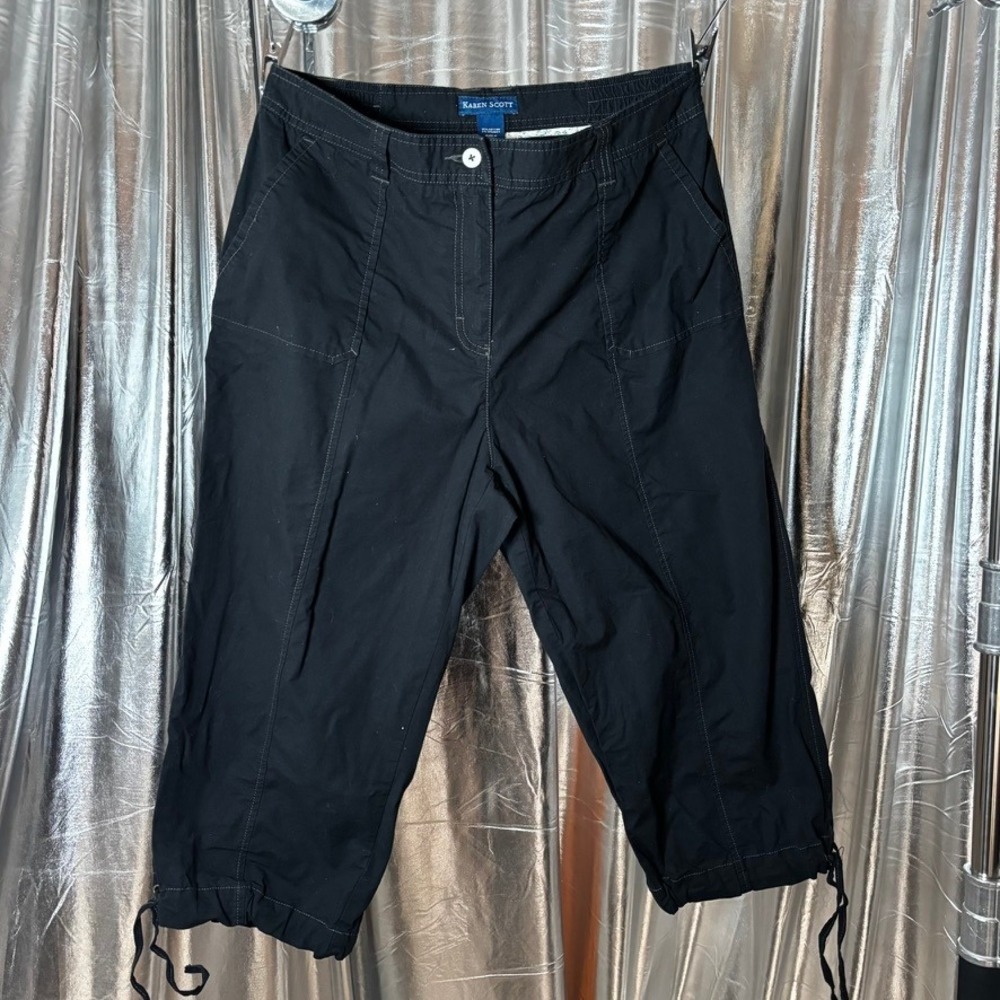 Karen Scott Black Cotton Capri Pants Drawstring Tie Hem